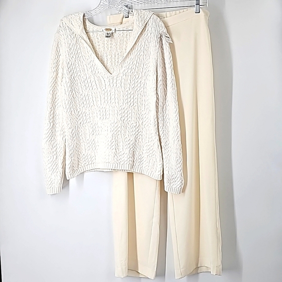J. Jill New Cream Textured Pants & Talbots Cable Knit Sweater Bundle - Picture 1 of 16